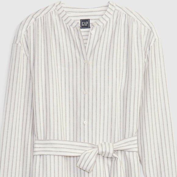 Gap Linen Blend Belted Shirtdress Sundress Button Down Striped Ivory Rayon - Picture 5 of 8